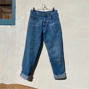 Vintage hand painted fine art face linework painting front/back blue denim jeans